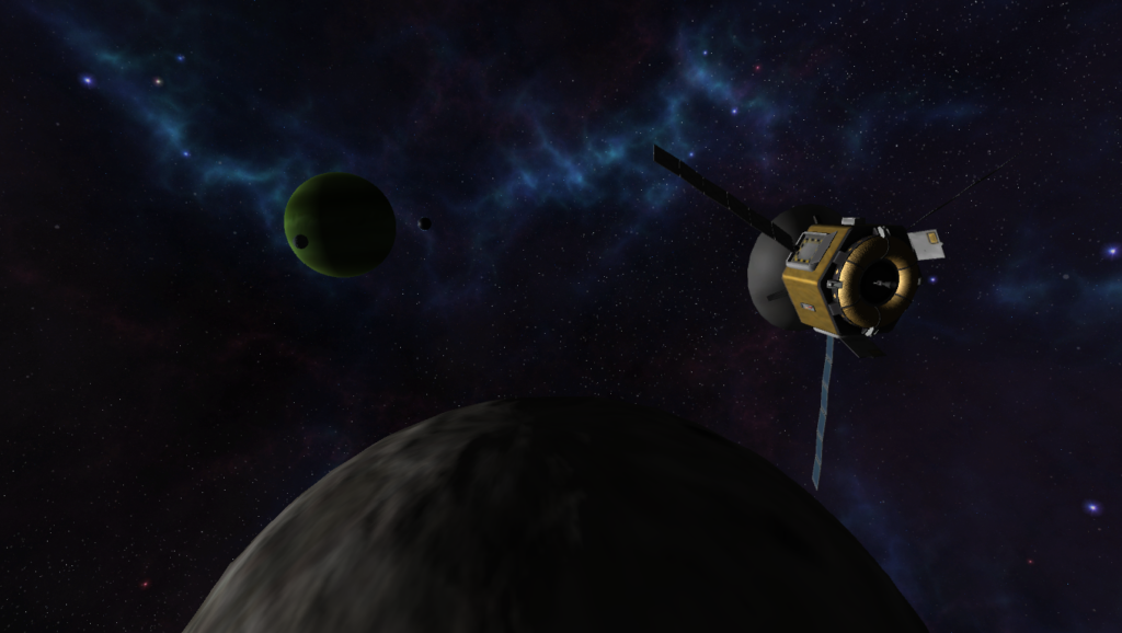 Scène avec quelques mods graphique où l'on voit une lune et Jool au fond.